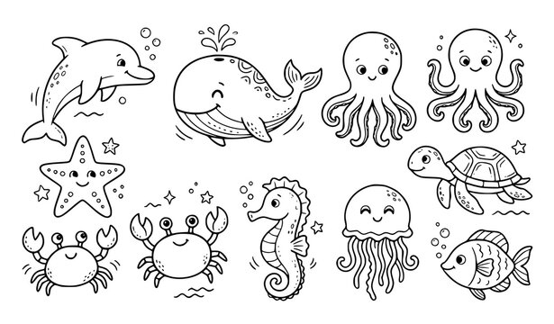 Cute sea animals coloring page for kids, ocean creatures outline vector set