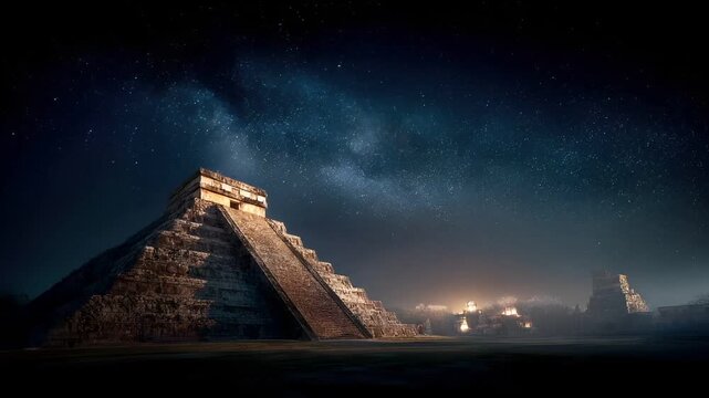 Space universe exploration, fantasy, mysterious. A nighttime photograph of an ancient Mayan pyramid, set against a starry sky. The pyramid is intricately carved with stone and features a prominent.