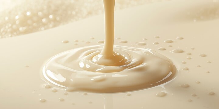 Creamy condensed milk slowly dripping on a light toned backdrop