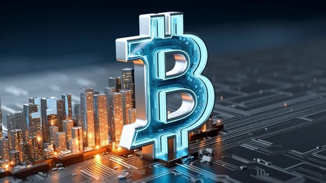 Bitcoin Symbol Over Futuristic Cityscape: A gleaming silver Bitcoin symbol dominates the foreground, set against a backdrop of a high-tech, illuminated city.