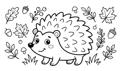 Cute cartoon hedgehog with autumn leaves coloring page for children © Ziten