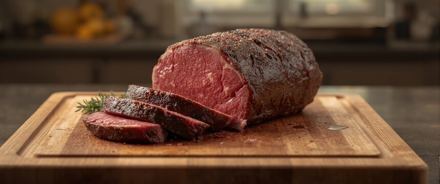 Close up of sliced round beef eye roast on natural wood cutting board copy space