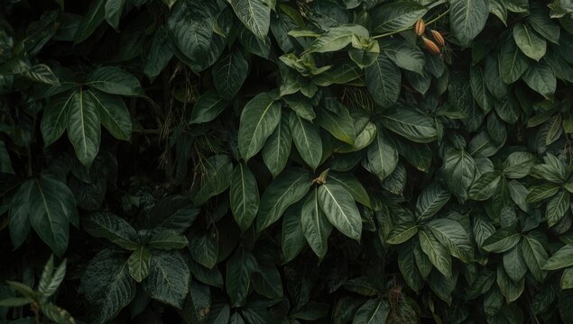 dense layered tropical foliage wall combining olive and jade leaves with cloud forest textures