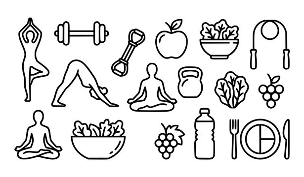 Healthy lifestyle fitness and diet food outline icons vector set