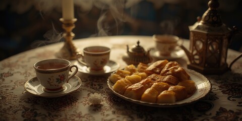 Obraz premium Decorative Ramadan and Eid scene with tea and baklava shot in nostalgic vintage photography