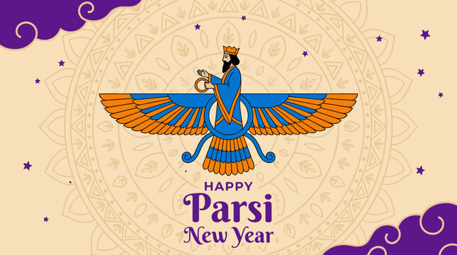 Artistic representation of a winged deity figure holding a ring symbolizing wisdom and power set against a decorative circular mandala pattern with ornate swirls and starry accents for cultural