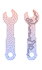 Fototapeta premium Complex wrench shaped maze with solution path. Red to blue gradient labyrinth puzzle of a mechanic tool. Problem solving and engineering concept