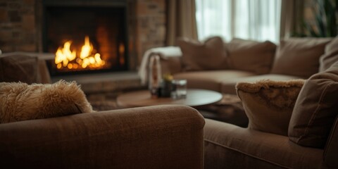 Obraz premium comfortable lounge featuring a glowing hearth and soft couches