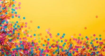 Obraz premium Festive border with colorful confetti and paper streamers on vibrant yellow background for celebration flat lay