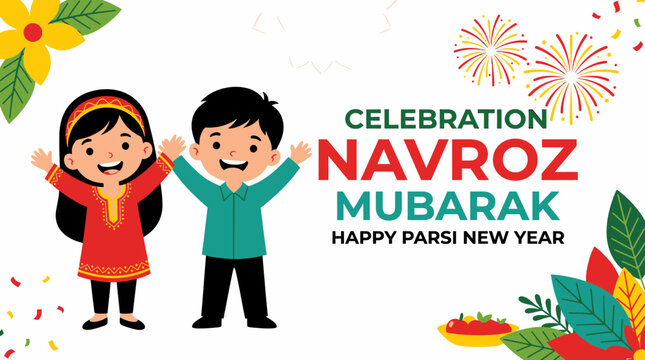 Festive greeting for Navroz Mubarak featuring cheerful children waving and colorful fireworks symbolizing new beginnings and joyful celebrations marking the Persian New Year with traditional