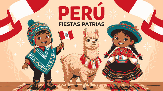 Vibrant Peruvian children and a llama celebrate national holidays wearing traditional attire with flags and festive decorations evoking cultural pride and joyful festivities in South America