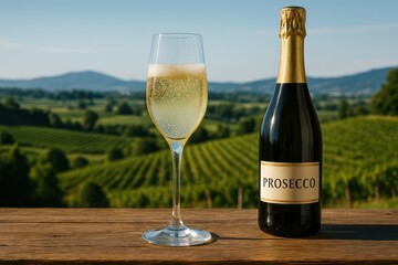 Fototapeta premium Prosecco bottle vineyard landscape elegance.