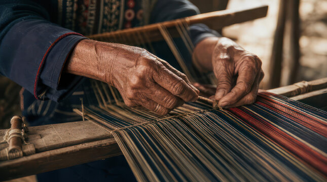 Closeup of skilled hands weaving intricate textile patterns.
