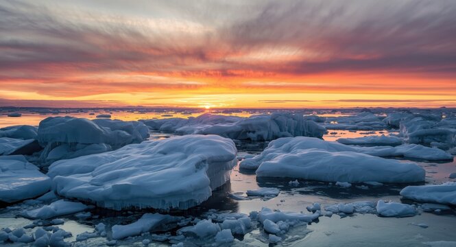 Frozen arctic sea with ice hummocks under cold winter sunset
