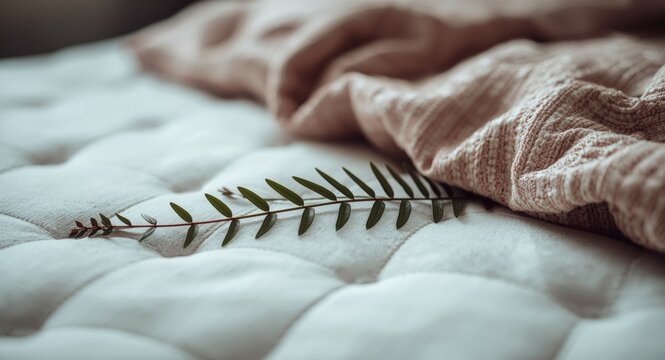 Close up of a mattress on a bed with a decorative plant showcasing fabric textures