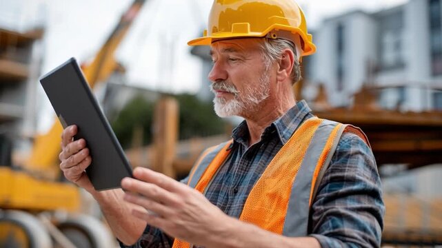 Construction Site Manager Reviewing Plans: An experienced construction site manager wearing a hard hat and safety vest examines a digital tablet at a bustling construction site.