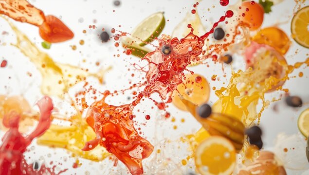 Energetic multifruit juice splashes on white background with copy space