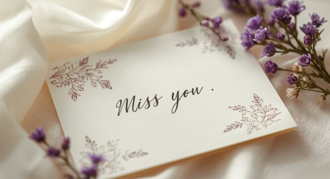 Handwritten miss you message card decorated with purple floral accents on a white backdrop