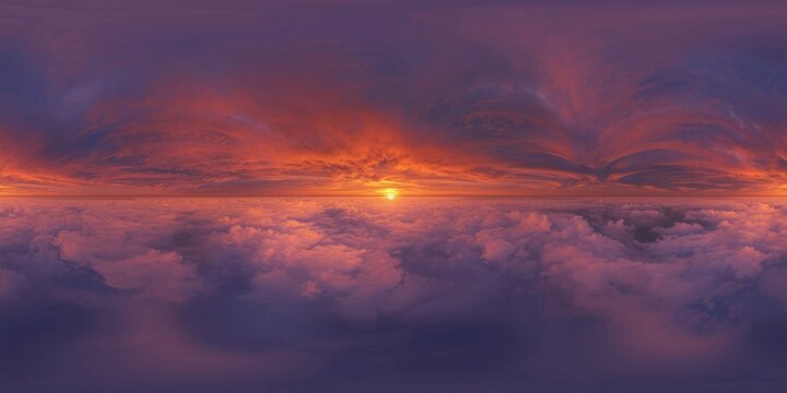 Full sky zenith sunset panorama captured in uninterrupted 360 degree equirectangular style