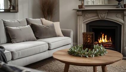 Obraz premium Cozy modern living space with a light grey velvet corner sofa and cushions beside a fireplace and a round wooden coffee table decorated with green autumn leaves