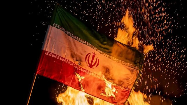 Green, white, red flag flutters near flames. Bright orange fire engulfs the fabric. Sparks fly in the dark night. Background is completely black. Scene shows burning destruction