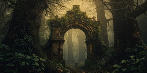 Obraz premium Dark misty fairy forest with an ancient archway suitable for background use in animated style