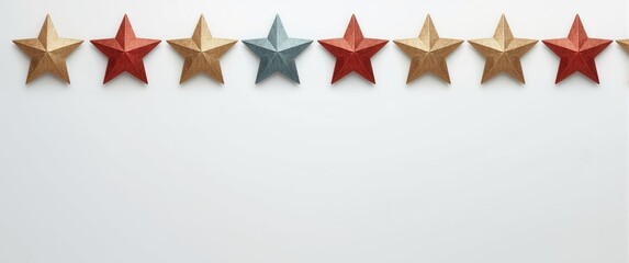 Fototapeta premium Decorative stars in gold blue and red arranged in a straight line on a white background with copy space