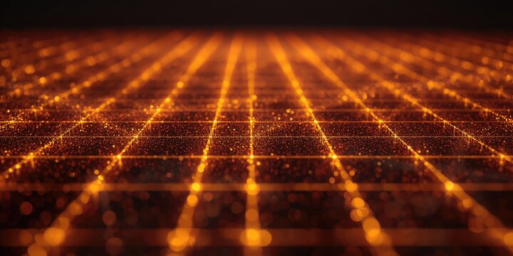 Futuristic light particle background showcasing depth of field and intricate grid lines in warm tones