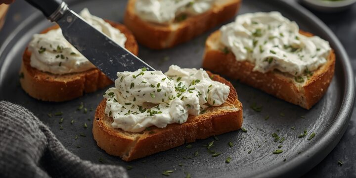 Fresh herb cream cheese on crispy toasted bread served with a spreading knife, fiber dense delight