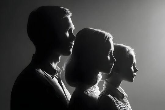 High-contrast black and white profiles of superimposed faces