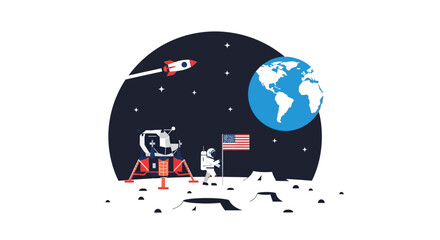 Astronaut standing on moon surface with lander and American flag. © Permana Lucky