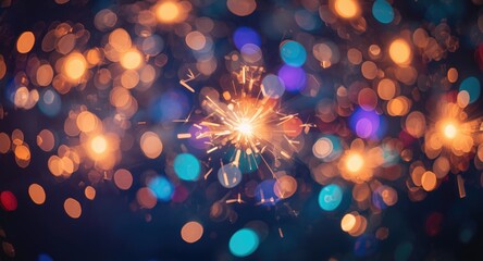 Obraz premium Festive New Year celebration backdrop featuring sparklers and glowing bokeh lights