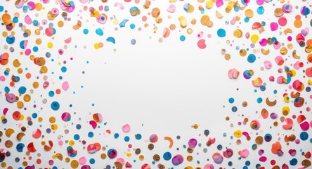 Obraz premium Colorful confetti spread across a bright white background with spacious copy space for text