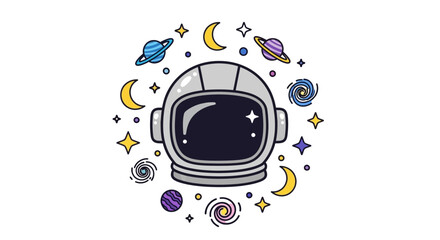 Cartoon astronaut helmet surrounded by cosmic space elements. © Permana Lucky