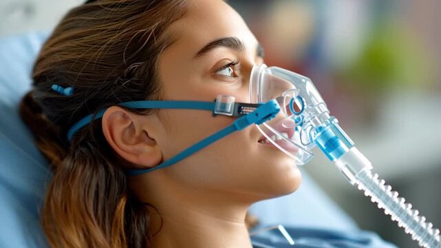 Patient with Breathing Support: A young woman in a hospital bed receives respiratory support through a medical mask and tubing, her gaze directed upwards.
