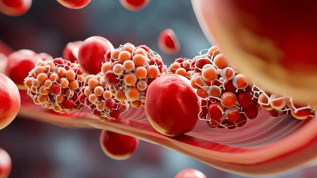 Blood Clot Microscopic View: A detailed microscopic view of a blood clot forming within a blood vessel.