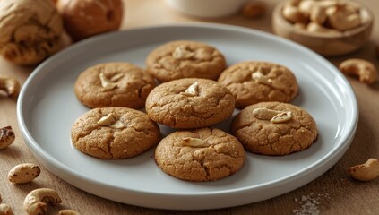 Fototapeta premium Fresh Cashew Nut Cookies Positioned on Matte White Plate for Serving