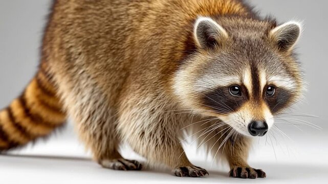 Curious Raccoon on Grey Background: A detailed close-up captures a curious raccoon with its characteristic masked face and bushy, ringed tail standing on a light grey surface.