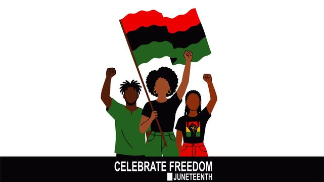 Empowering Juneteenth themed footage featuring a group raising fists and waving the Pan African flag to celebrate freedom, unity, equality, heritage, culture, and African American pride.