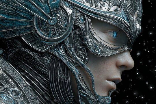 Cybernetic Face with Futuristic Metal Armor and Futurism