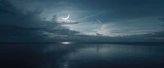 Obraz premium Crescent moon and shooting star reflected on calm sea under a cloud filled sky