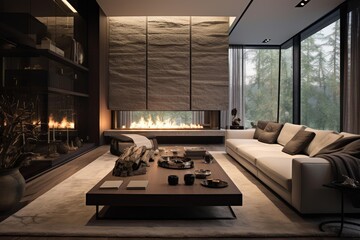Obraz premium Contemporary living room interior showing a stone wall fireplace with a large window overlooking a forest