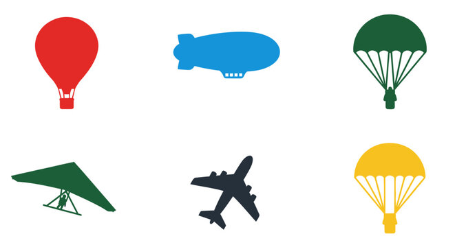 Colorful Air Transportation Icons: Hot Air Balloon, Blimp, Parachutes, Hang Glider, Airplane