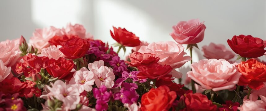 Full bloom display of primula vulgaris colorful flowers including roses and primroses in red and pink shades on white