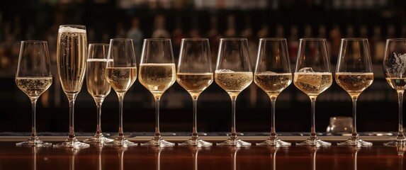 Obraz premium Diverse assortment of wine glasses containing champagne and white wine at bar