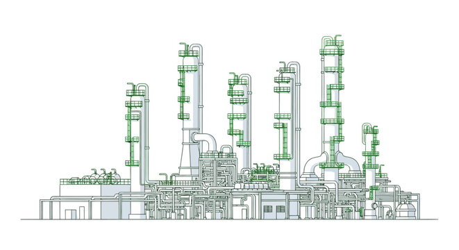A detailed Vector schematic of a modern industrial complex, illustrating an advanced oil refinery with interconnected processing units and energy infrastructure elements