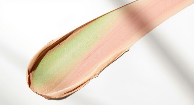 Creamy texture makeup base with green and pink color corrector swatches on white background