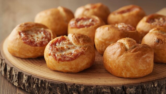Freshly baked mini pizza buns on a wooden base perfect for a savory homemade snack