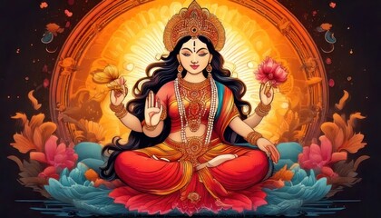 Fototapeta premium Illustration of Goddess Lakshmi seated on a lotus flower.