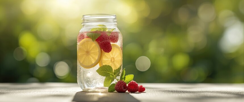 Detox water infusion with lemon raspberries mint in a clear jar framed by lush green nature backdrop